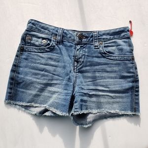 True Religion kids jean shorts with raw hem and contrasting pockets